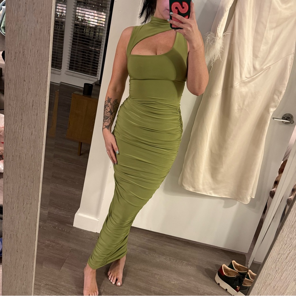 Missguided Olive Green Cutout Ruched Maxi Dress